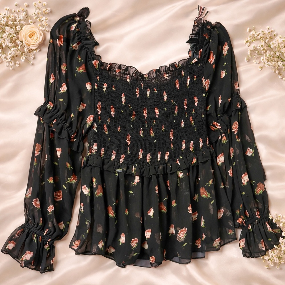 Smocked Black Floral Long-Sleeve Peasant Blouse Large